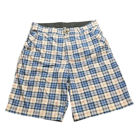 LULULEMON Mens Blue Checked Plaid Shorts workout Casual POCKETS 34 Medium Khaki - Picture 1 of 9